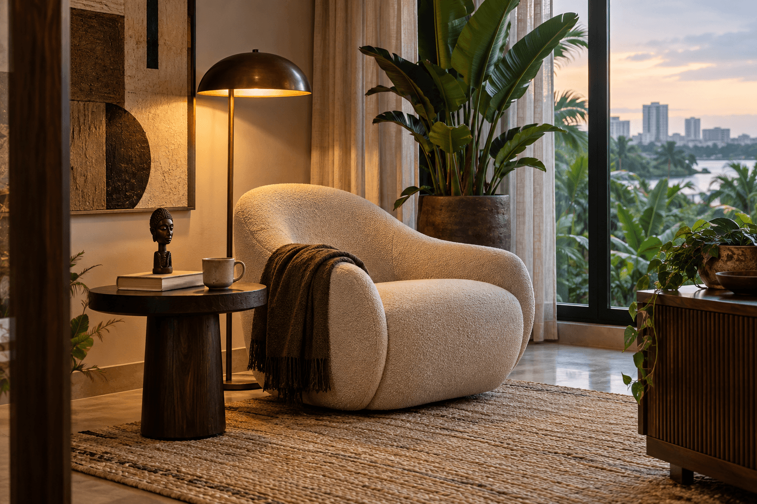 A finished Lagos reading corner with a comfortable chair, warm lamp, side table, and practical details