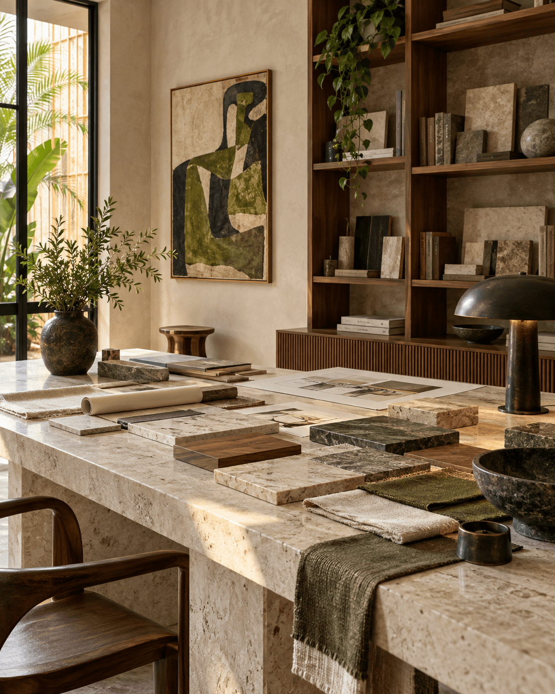 Viorx materials studio with stone, timber, textiles, and contemporary Nigerian art