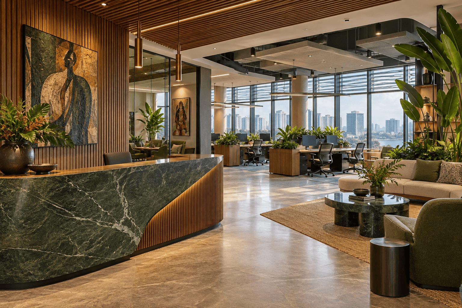 Contemporary Lagos workplace with green stone, timber, art, and planting